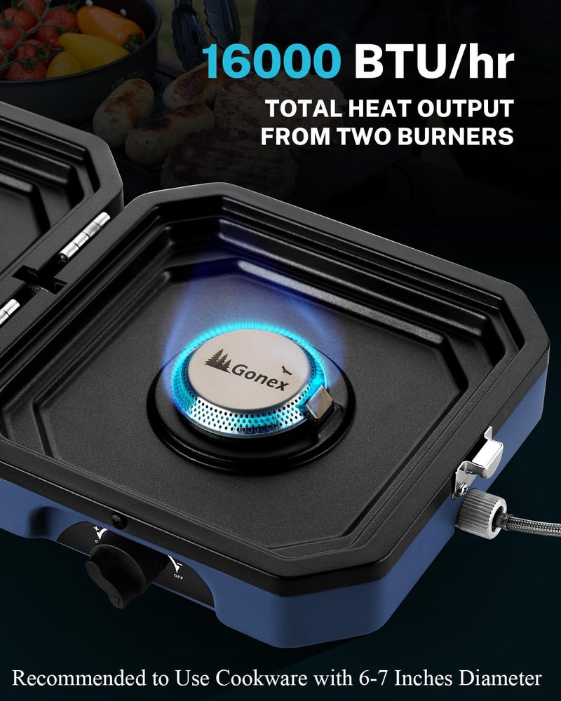 Gonex Camping Stove with 2 Burner Griddle & Grates, Portable Foldable Cooking Stove with Total 16,000 BTU, Two Piezo Ignition Adjustable Burners for Camping (Blue) - Image 3